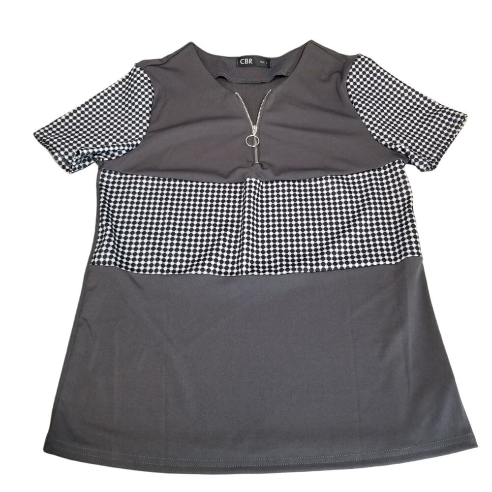 Ladies Golf Shirt Dark Gray Dri Fit Checkered Zip Front V neck Top Size Large